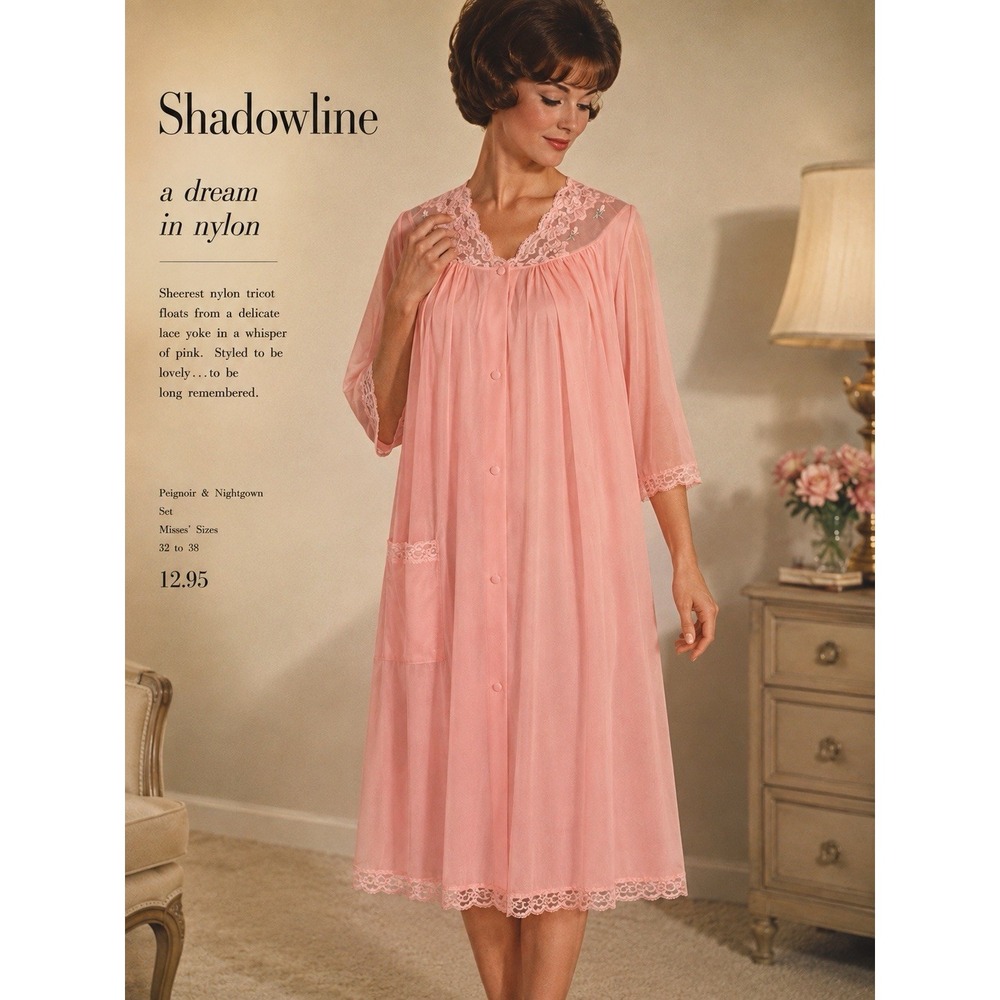 VTG SHADOWLINE Pink Babydoll Robe Lace Trim Embroidered Sz M Feminine Romantic